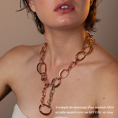 Individual Amniotic MO1 light gold module worn with a CO1 pink gold modular necklace kit.