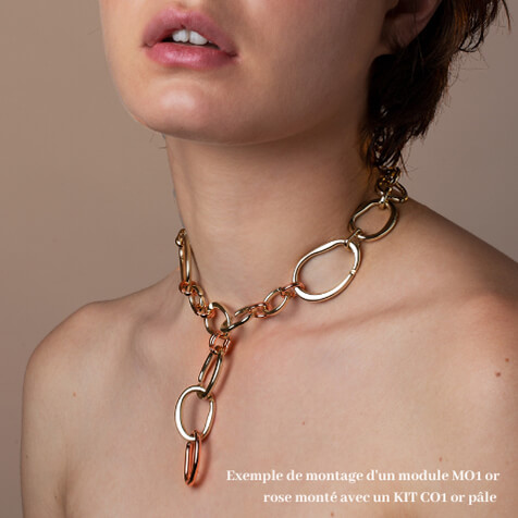 Individual Amniotic MO1 pink gold module worn with CO1 light gold modular necklace kit.